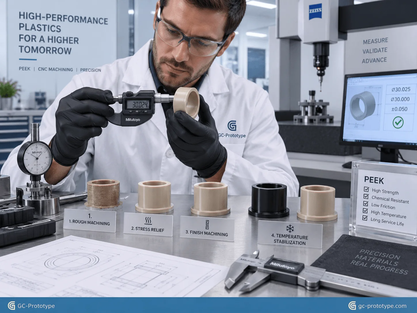 CNC machining PEEK tolerances for robotics with stress-relief annealing and precision dimensional inspection