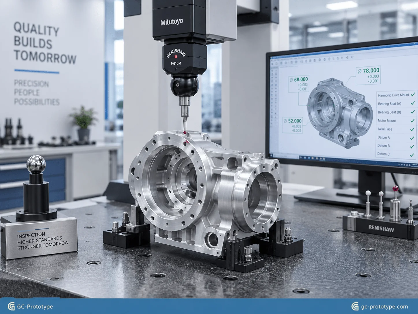 CNC machining tolerances for robot arm joints with precision bearing and harmonic drive inspection