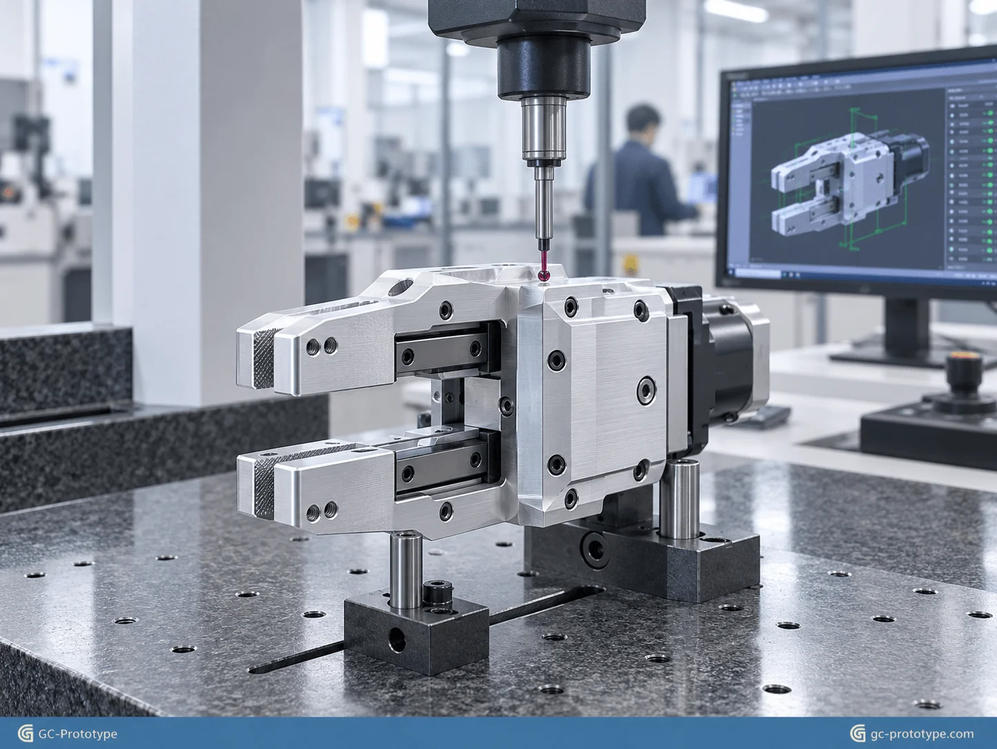 CNC machining tolerances for robotic end effectors with precision guide rails, dowel holes, and sliding jaw inspection