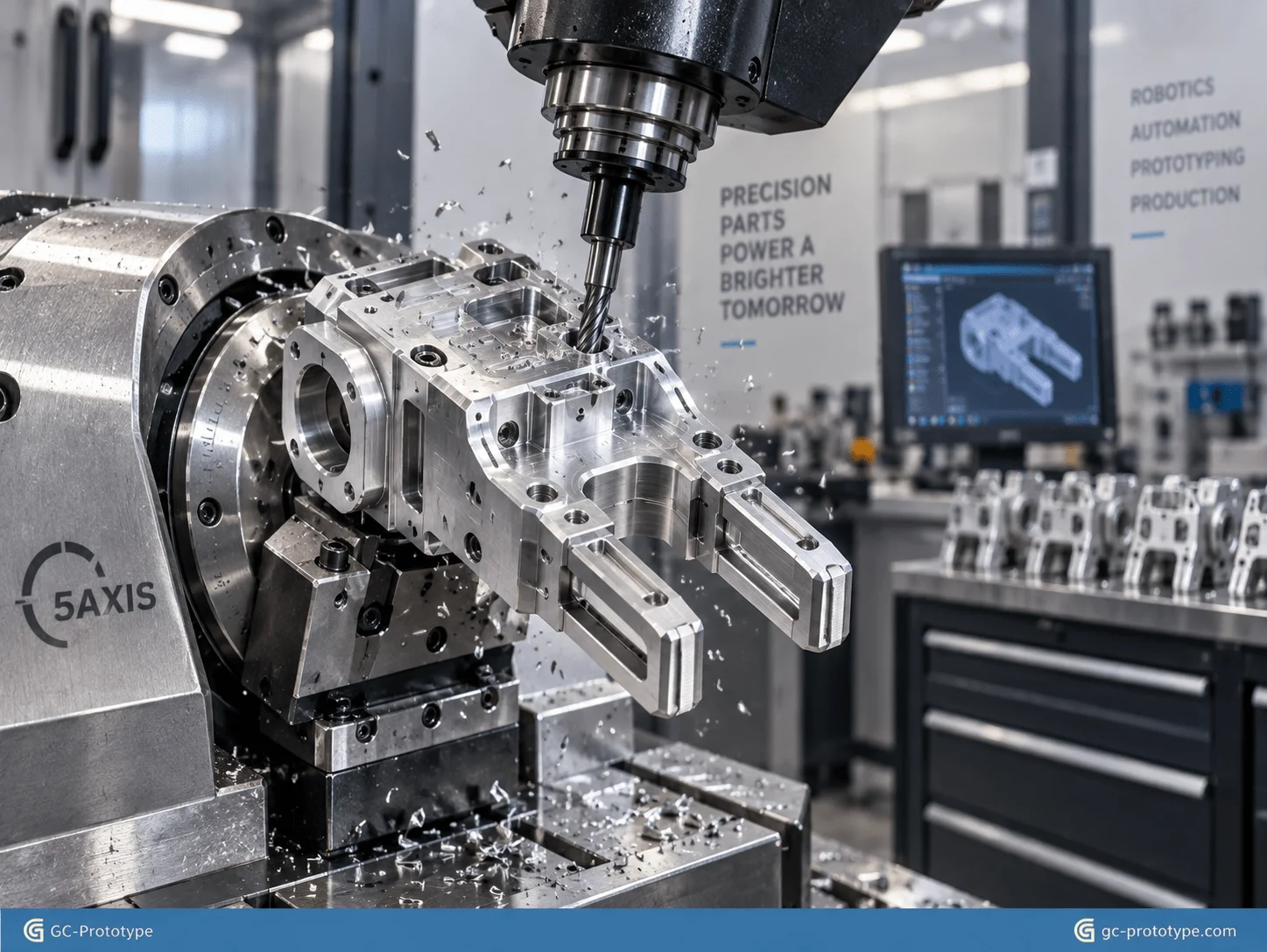 CNC robotic gripper prototype machining with precision aluminum body, sliding guides, and functional EOAT features