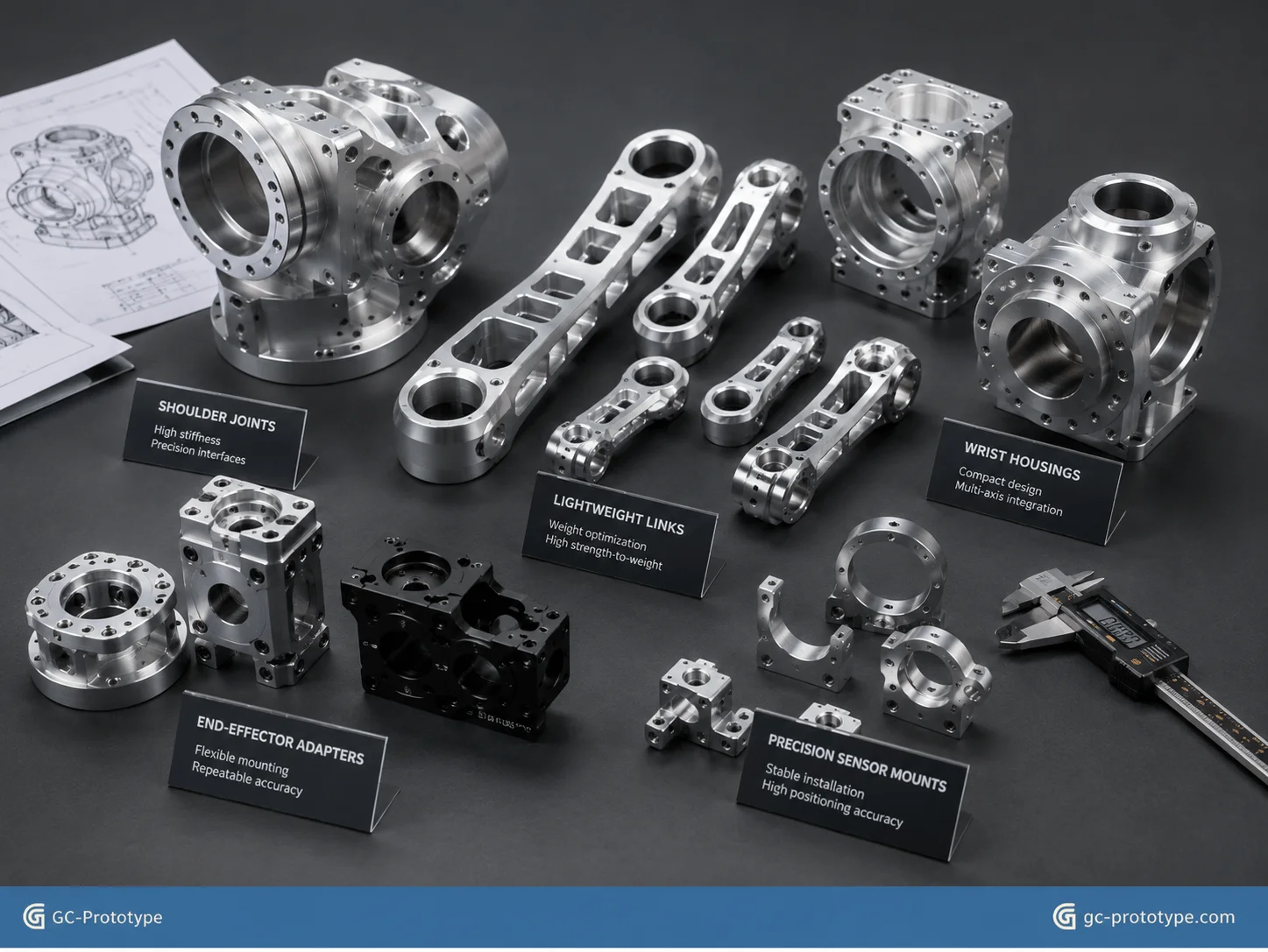 Custom CNC machined robotic arm linkages, joint housings, and sensor mounts for functional prototype testing