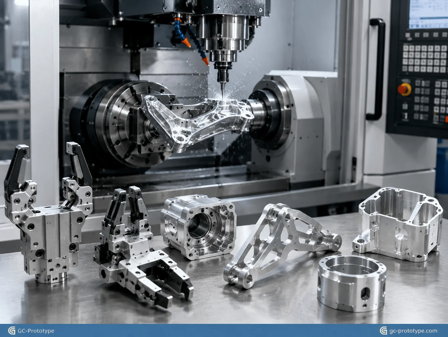 Custom CNC machined robotics parts including grippers, sensor housings, and lightweight prototype chassis components