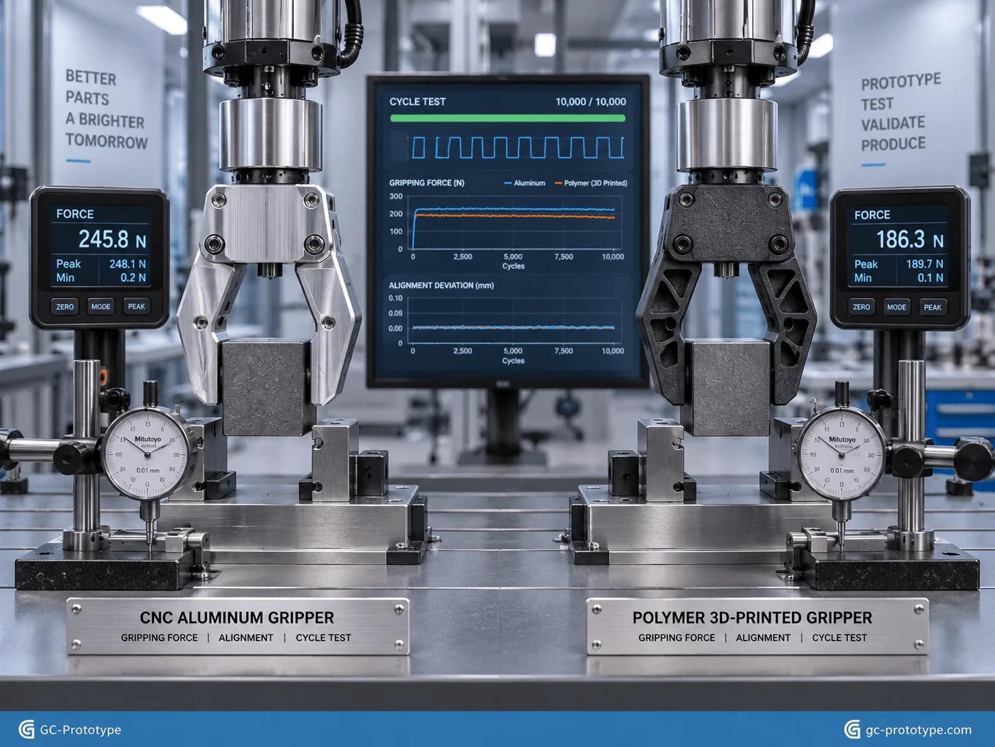 Custom robotic gripper prototyping cost comparison between CNC aluminum and 3D printed functional prototypes