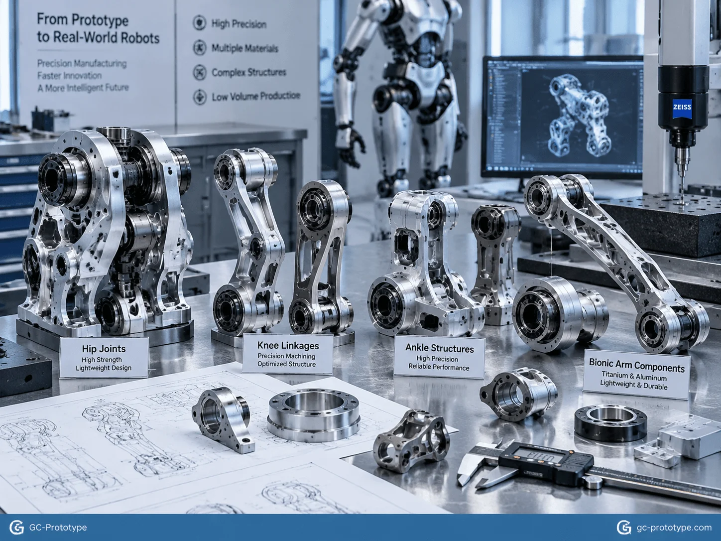 Five-axis CNC machined humanoid robot components for hip joints, knees, and lightweight bionic structures