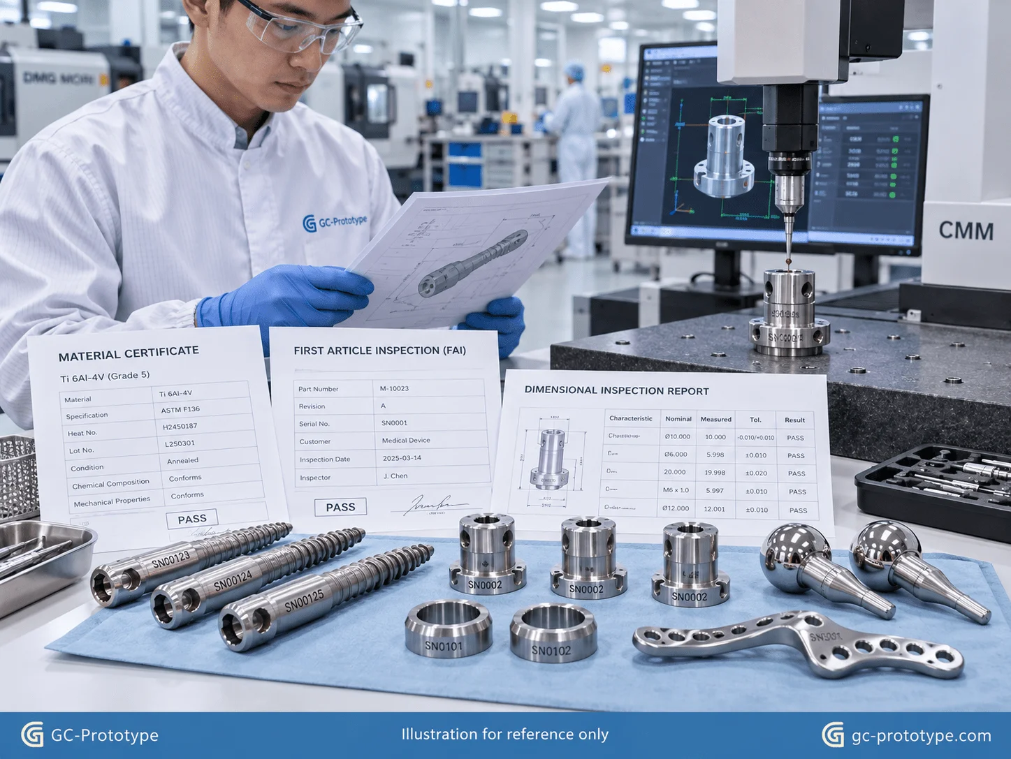 ISO 13485 medical CNC machining quality workflow with FAI, CMM inspection, and material traceability