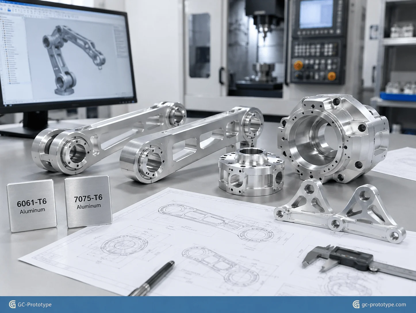 Lightweight aluminum alloys for robotics CNC machining with 6061-T6 and 7075-T6 prototype components