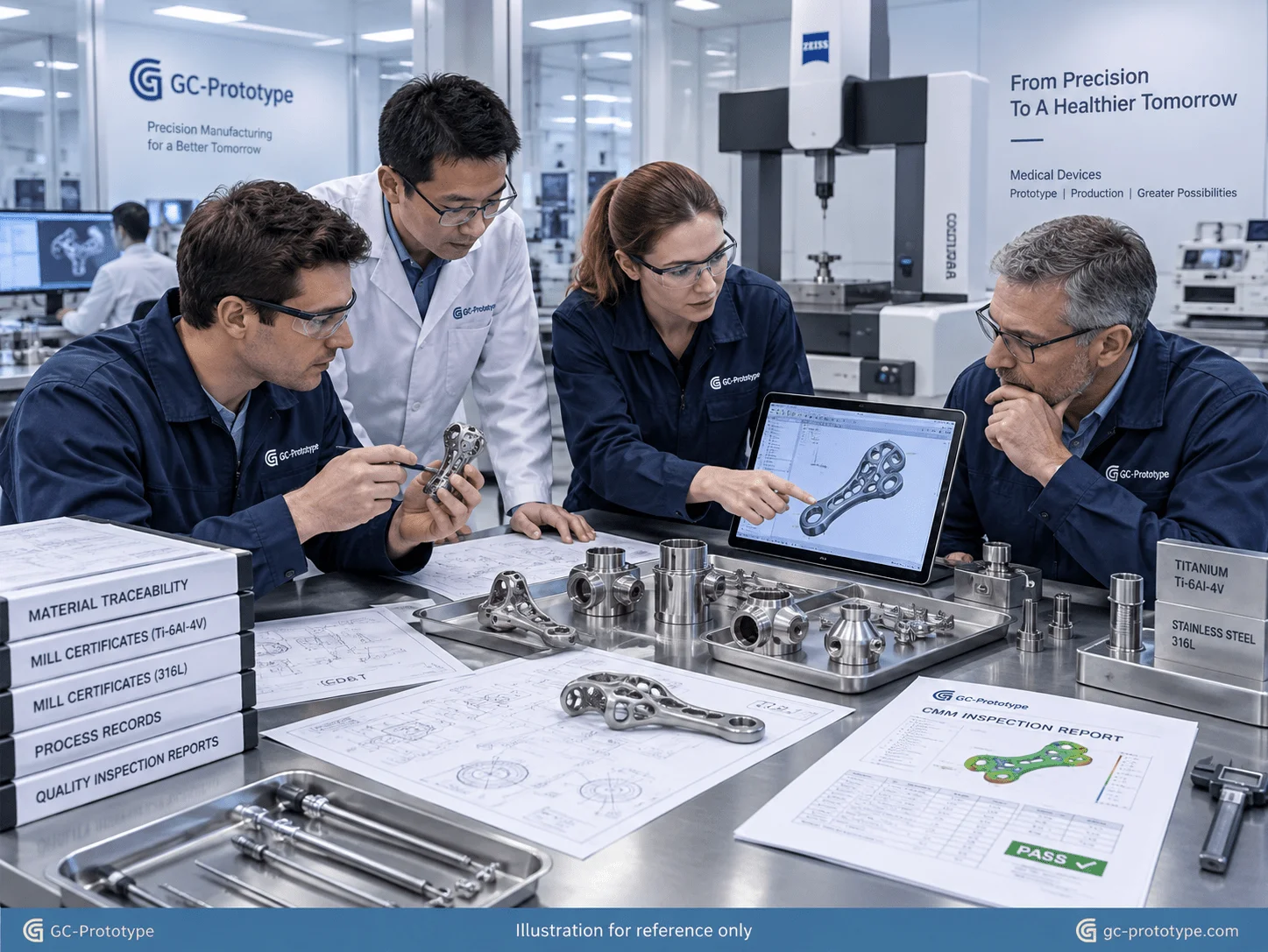 Medical CNC machining engineering review with GD&T, precision inspection, and material traceability