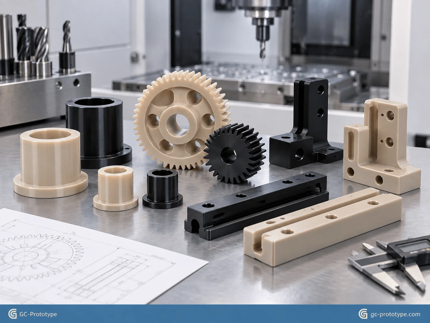 Precision PEEK machining for robotics with gears, bushings, insulating brackets, and functional prototype parts