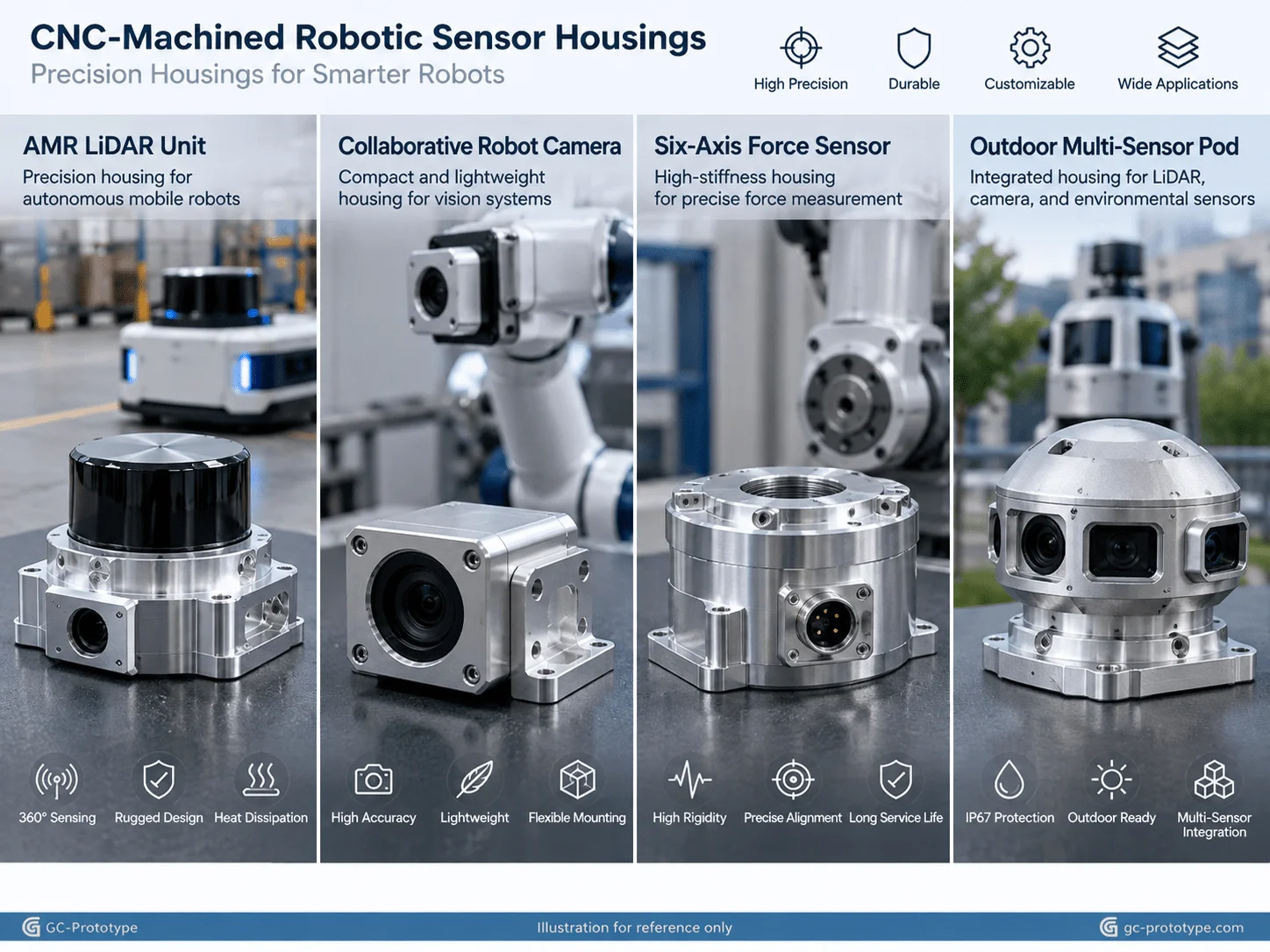 Precision aluminum sensor housings for robotics, LiDAR, machine vision, and force-torque sensor applications
