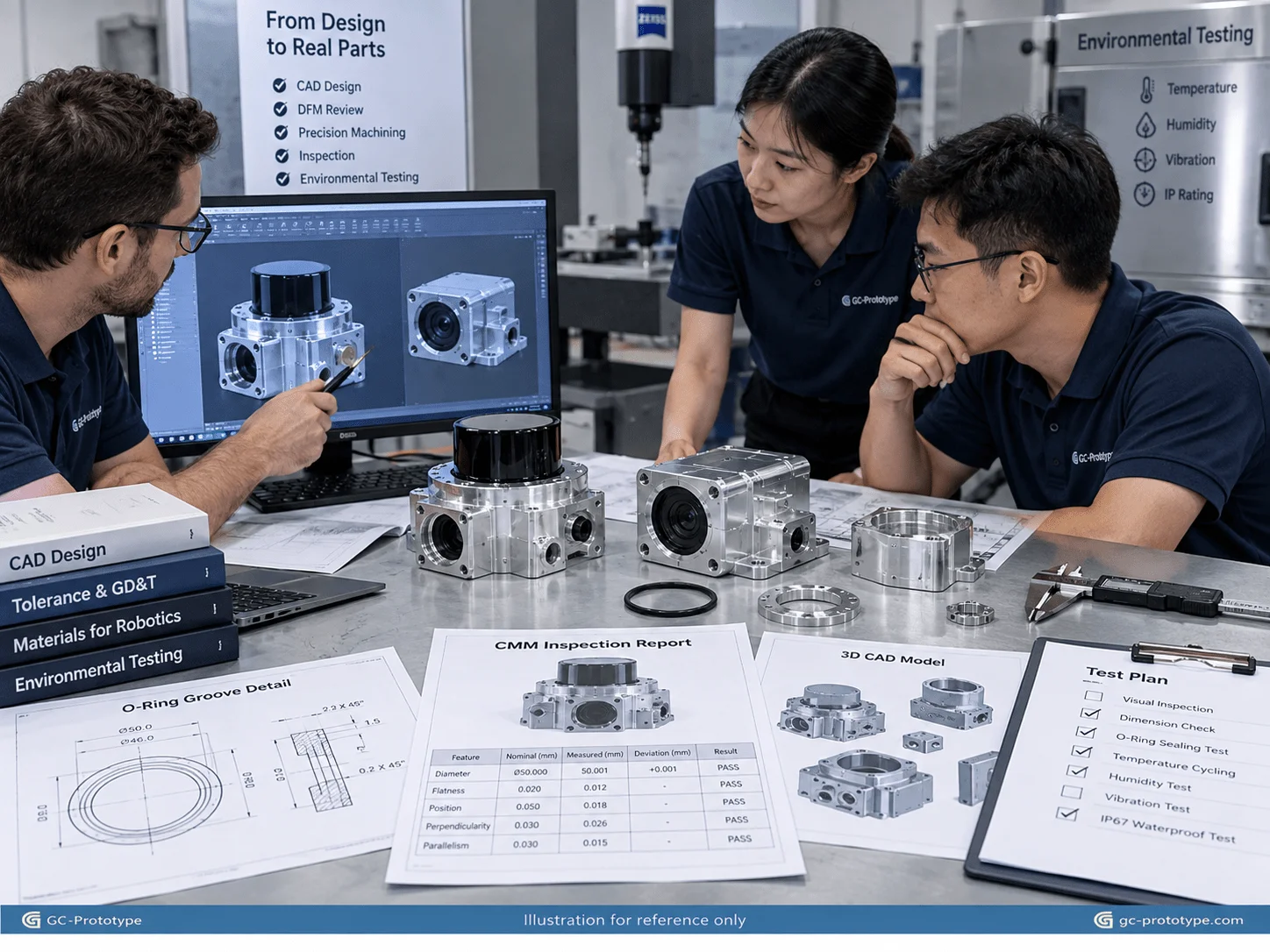 Robotic sensor housing development from CAD and CNC prototype machining to inspection and functional validation