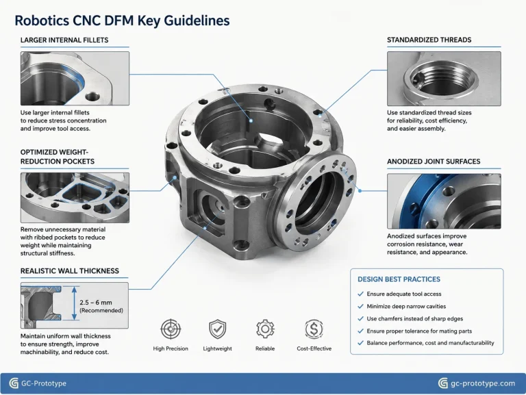 Robotics CNC prototyping DFM guidelines for fillets, lightweight pockets, wall thickness, and anodizing