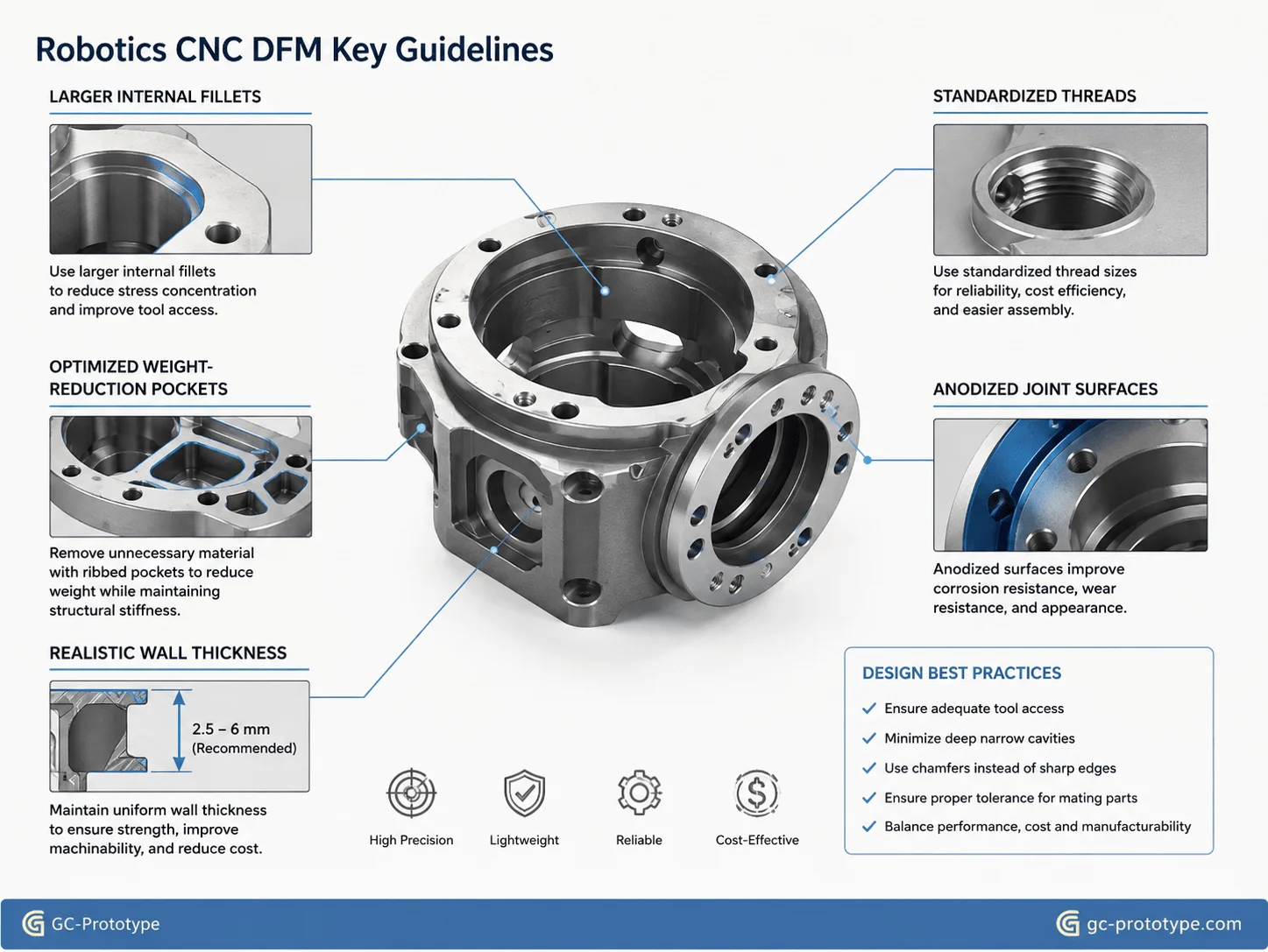 Robotics CNC prototyping DFM guidelines for fillets, lightweight pockets, wall thickness, and anodizing