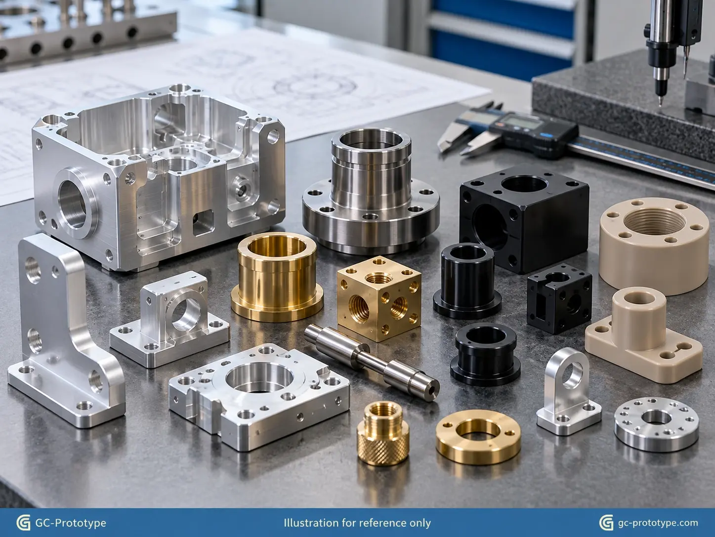 CNC machined prototypes in aluminum stainless steel POM and PEEK for engineering material selection