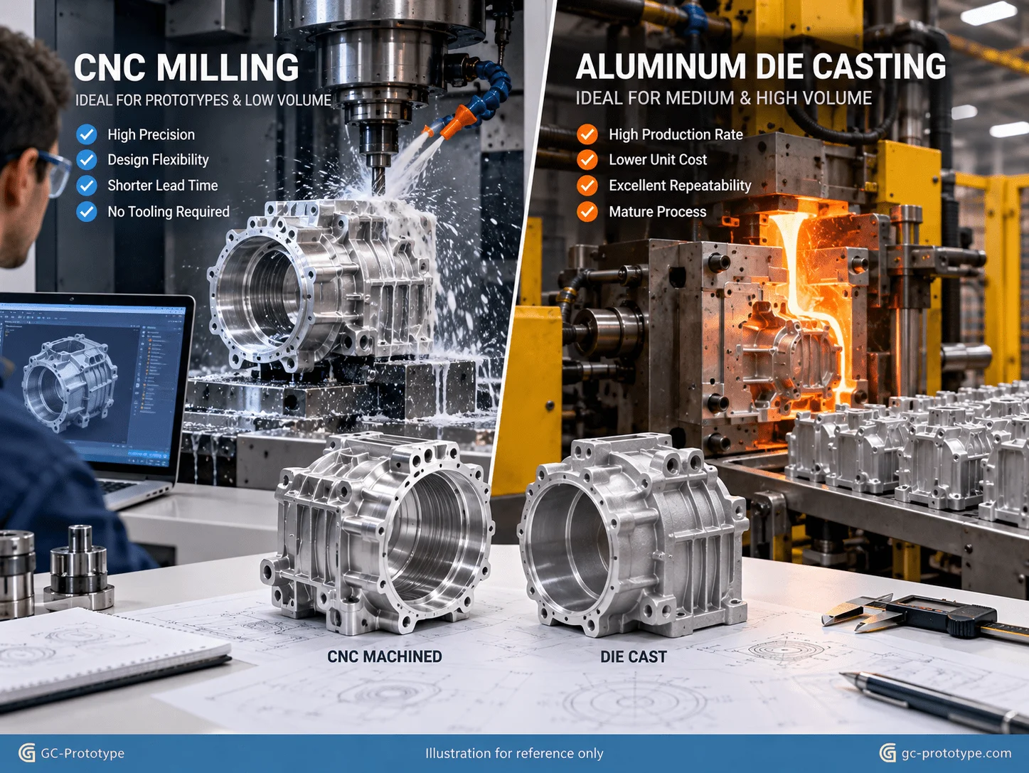 CNC machining vs die casting for automotive parts with aluminum housing cost and production comparison