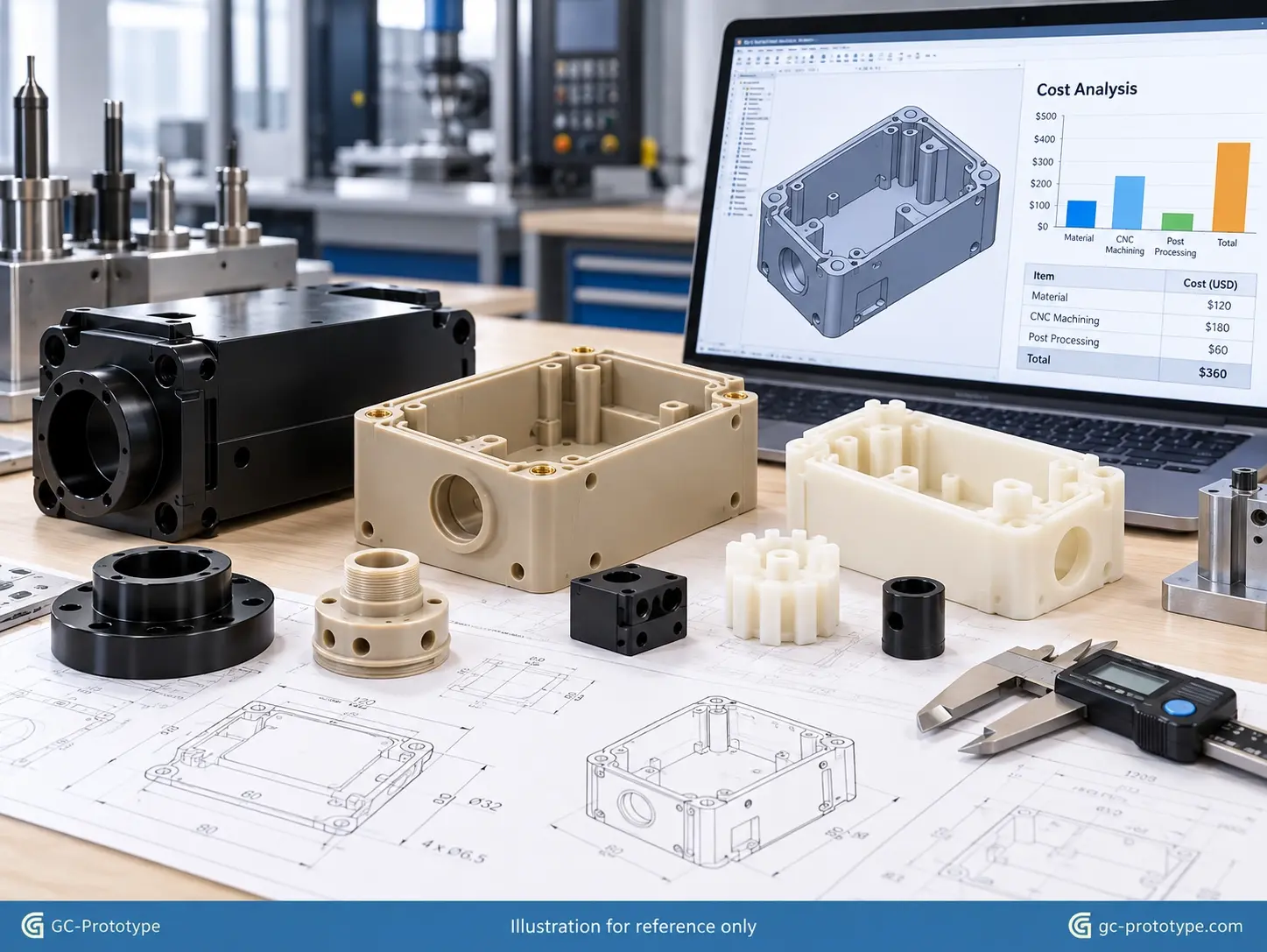 CNC plastic prototype cost analysis comparing material selection, machining setup, and prototype quantities