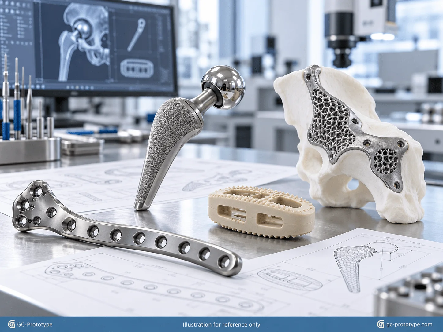 Five-axis CNC machined medical implant prototypes for hip, spinal, and orthopedic applications