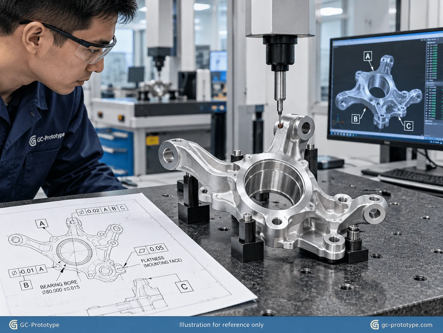 ISO 2768 automotive CNC machining tolerance inspection with GD&T measurement of a steering knuckle
