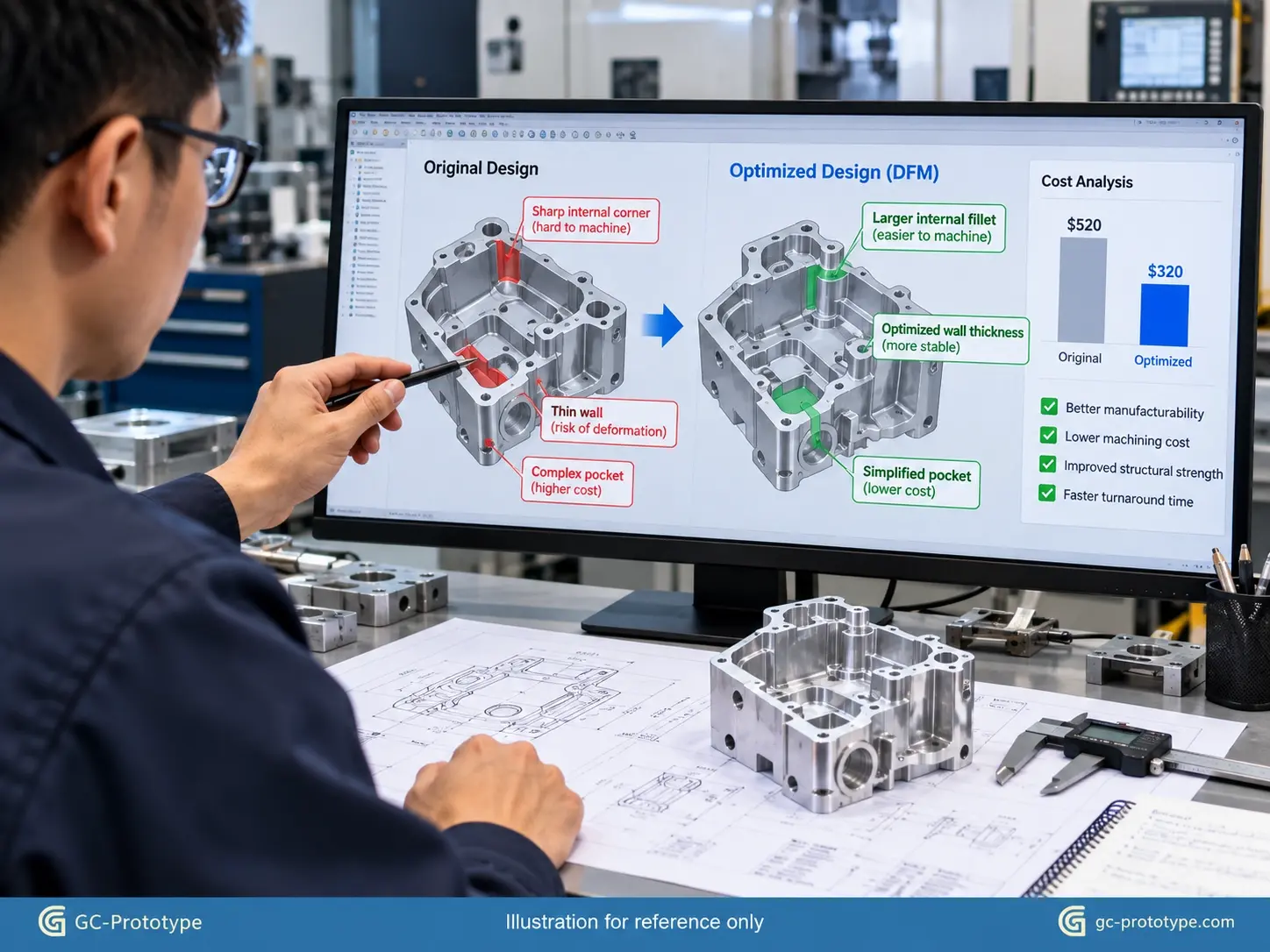 Metal prototype fabrication DFM optimization to reduce CNC machining time, material waste, and production costs