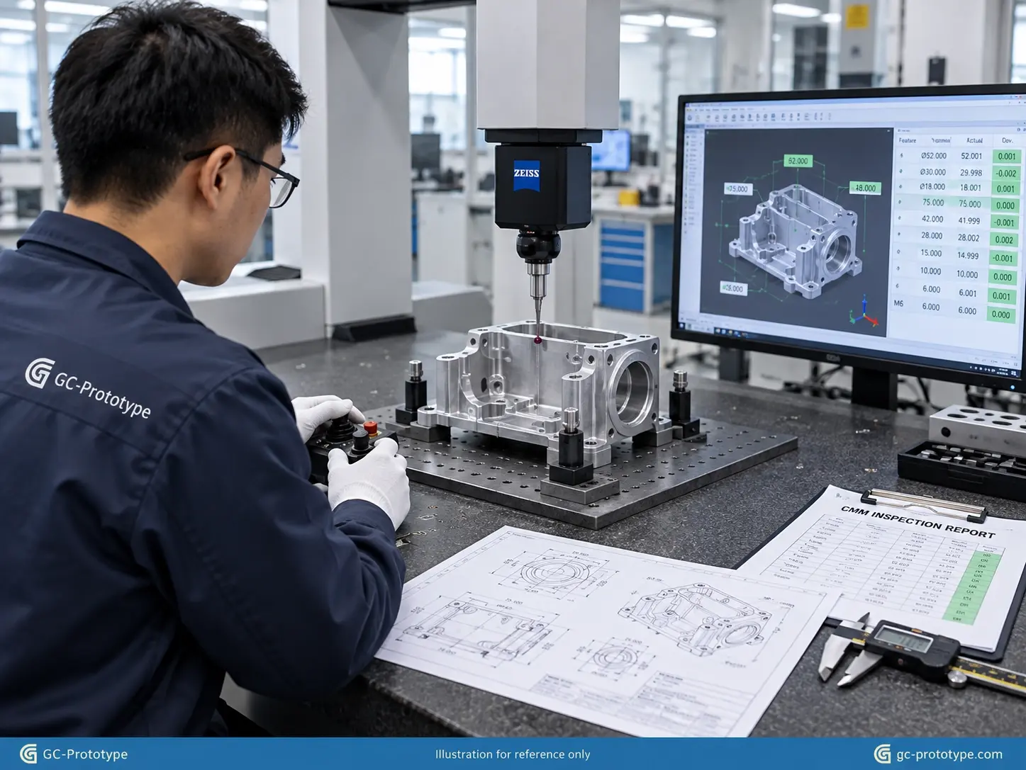 Metal prototype parts precision inspection using CMM measurement and CNC machining tolerance verification