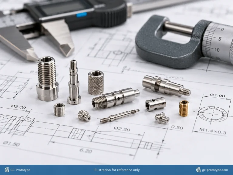 Precision Swiss-machined miniature threaded components with engineering drawings for dimensional inspection