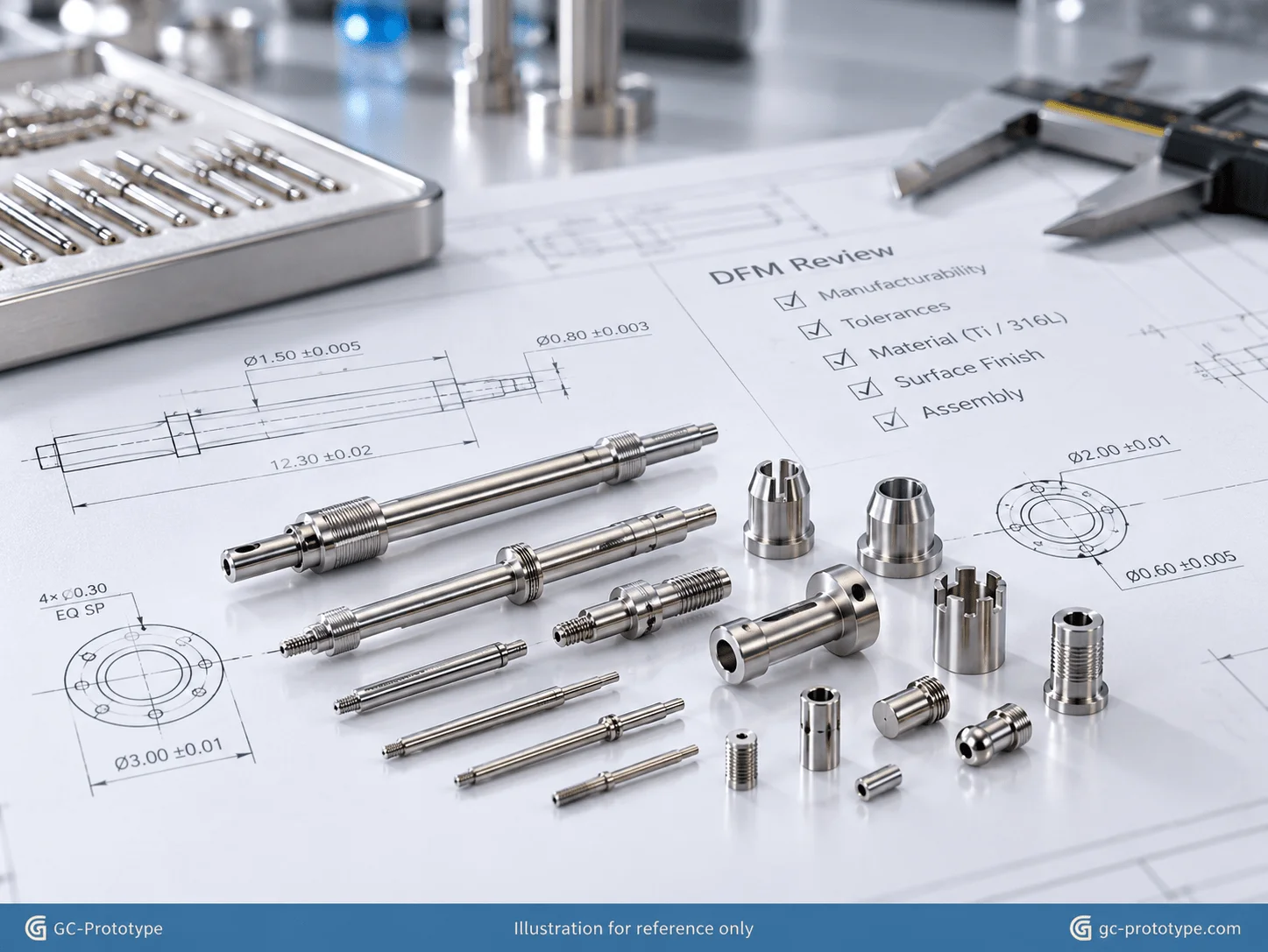 Precision medical Swiss-machined shafts, pins, and miniature parts with technical drawings for DFM review
