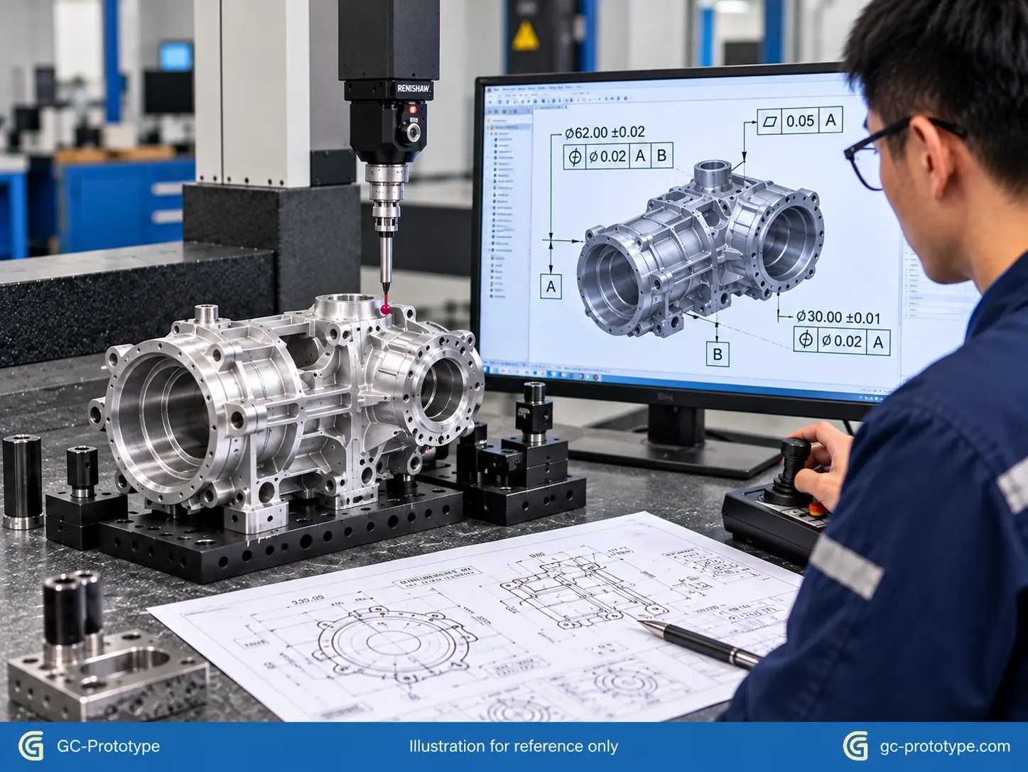 Prototype machine shop quality inspection using CMM dimensional measurement and precision CNC machining tolerances.