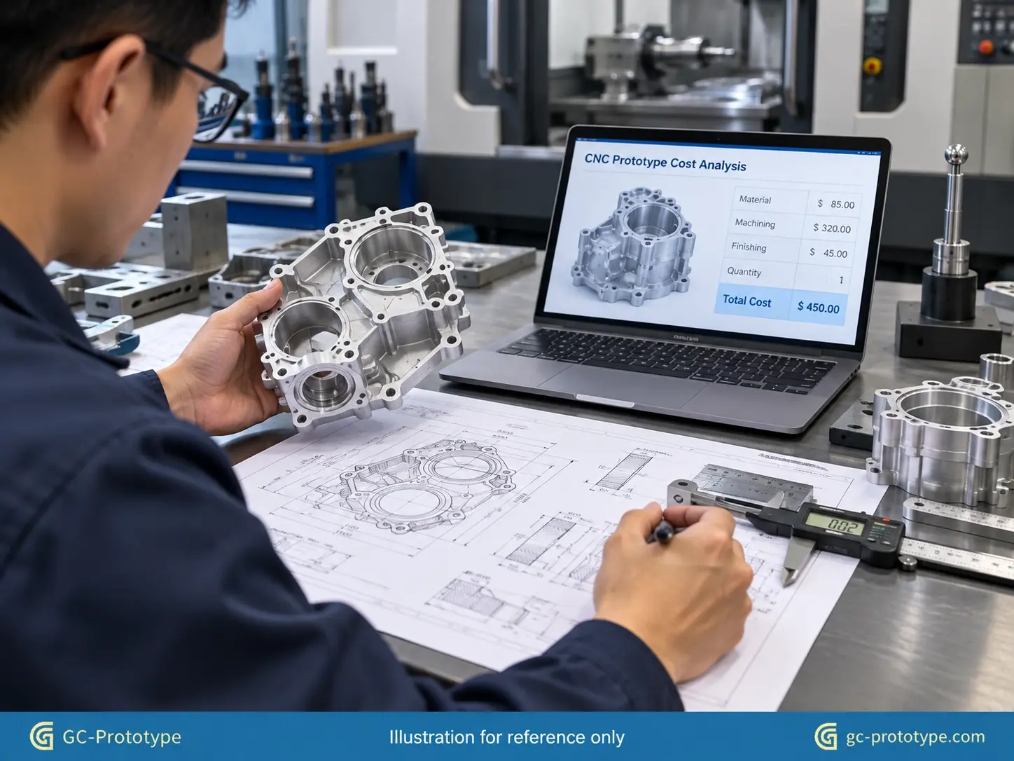 Prototype machining cost evaluation with CNC aluminum part engineering drawing and dimensional inspection