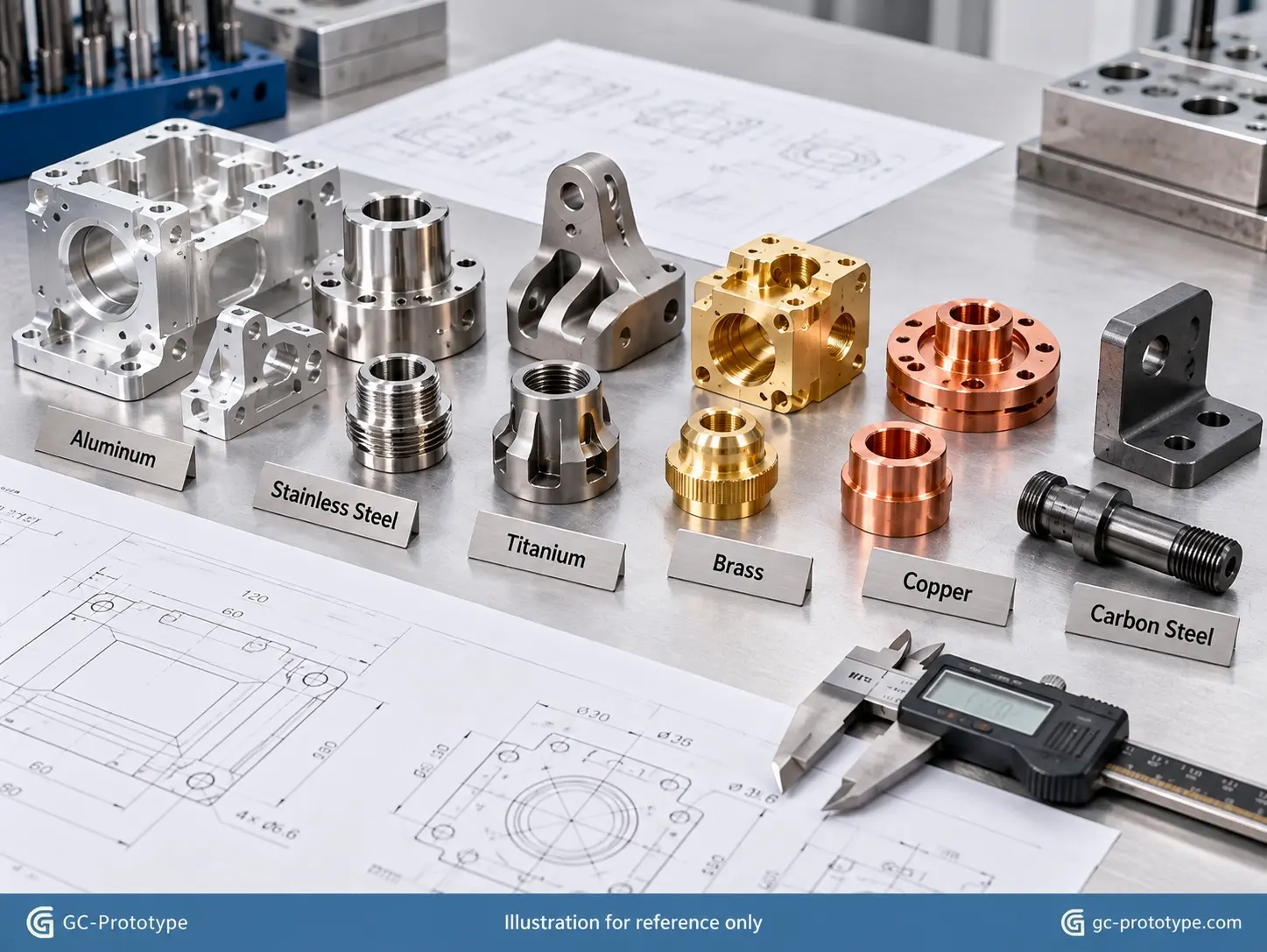 Prototype metal parts material selection comparing aluminum, stainless steel, titanium, brass, copper, and steel