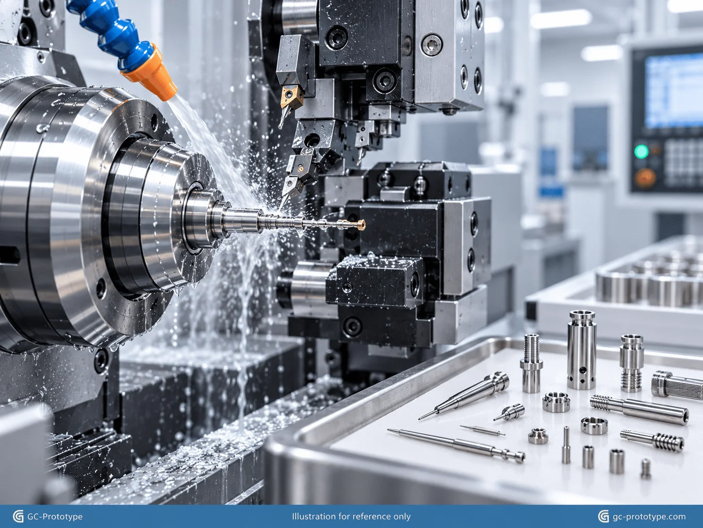 Swiss-type CNC turning machine producing high-precision miniature medical components with coolant-assisted cutting